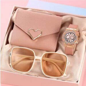 3PCS Set Women Casual Leather Watches Quartz Wristwatches & Ladies Heart Bow Wal